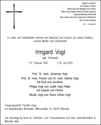 Anzeige von Irmgard Vogt von Westfälische Nachrichten