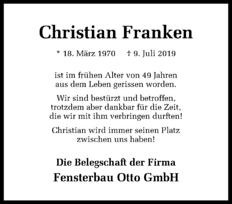 Traueranzeige für Christian Franken vom 13.07.2019 aus Westfälische Nachrichten