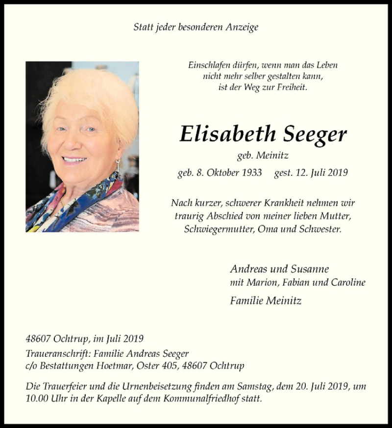 Traueranzeige für Elisabeth Seeger vom 16.07.2019 aus Westfälische Nachrichten