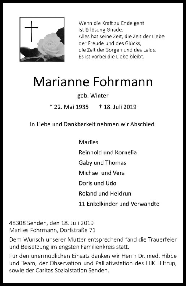  Traueranzeige für Marianne Fohrmann vom 31.07.2019 aus Westfälische Nachrichten