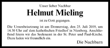 Anzeige von Helmut Mieling von Westfälische Nachrichten