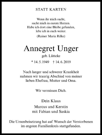 Anzeige von Annegret Unger von Westfälische Nachrichten
