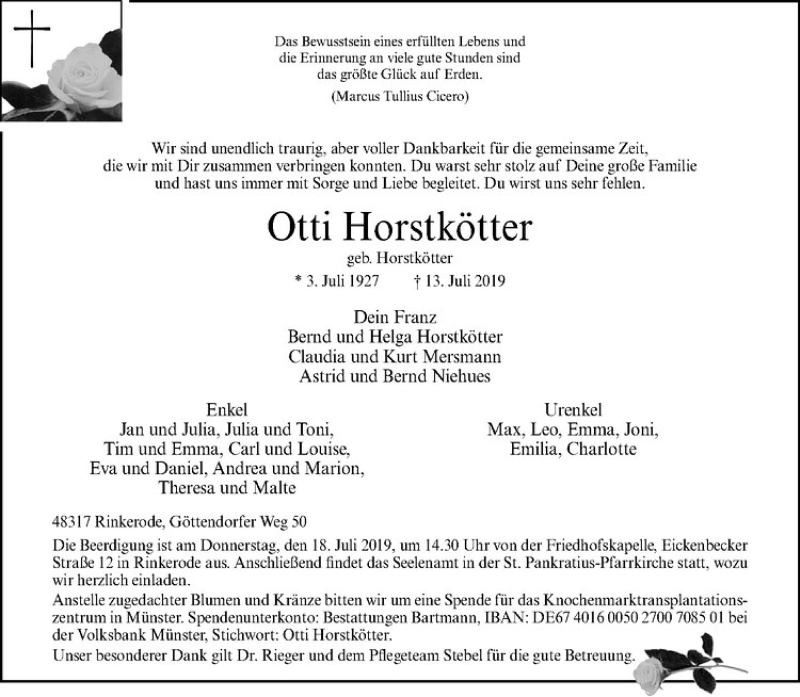  Traueranzeige für Otti Horstkötter vom 16.07.2019 aus Westfälische Nachrichten