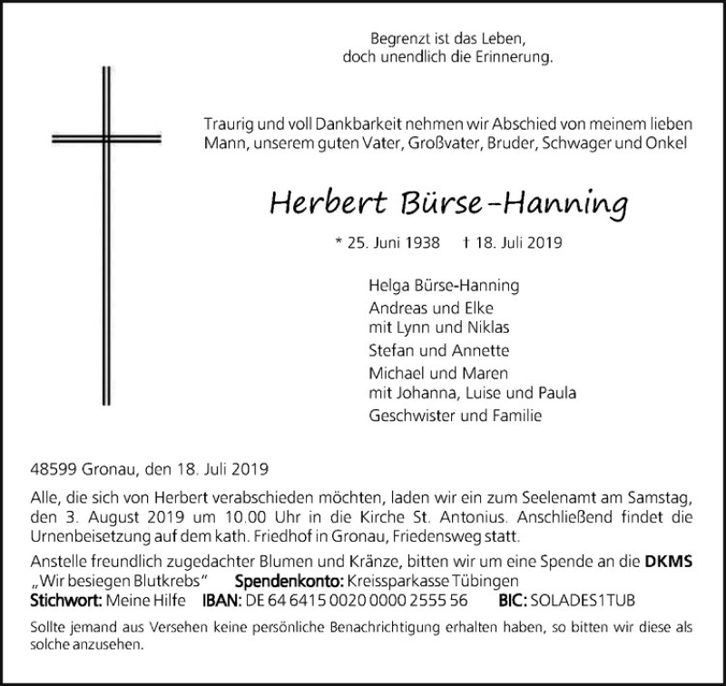  Traueranzeige für Herbert Bürse-Hanning vom 20.07.2019 aus Westfälische Nachrichten