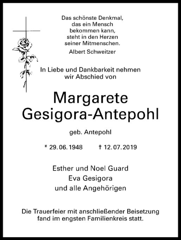  Traueranzeige für Margarete Gesigora-Antepohl vom 20.07.2019 aus Westfälische Nachrichten