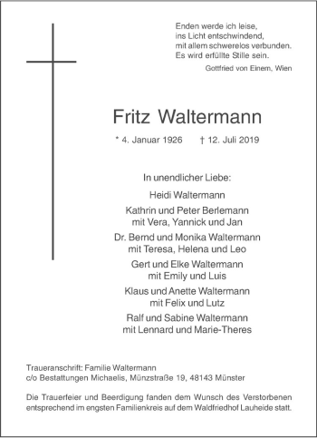 Anzeige von Fritz Waltermann von Westfälische Nachrichten
