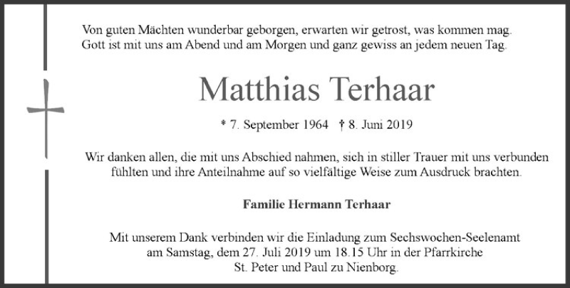 Traueranzeige für Matthias Terhaar vom 23.07.2019 aus Westfälische Nachrichten