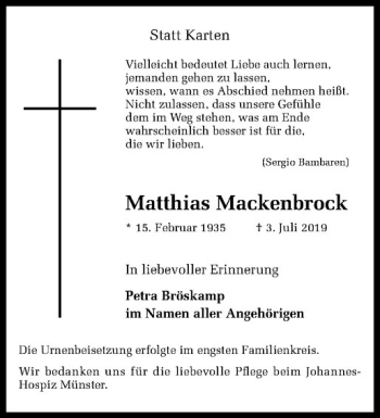 Anzeige von Matthias Mackenbrock von Westfälische Nachrichten