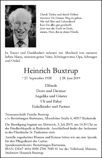 Anzeige von Heinrich Buxtrup von Westfälische Nachrichten