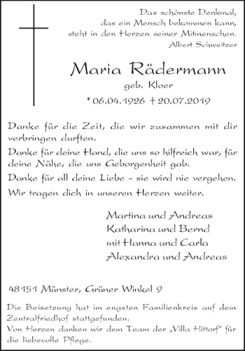 Anzeige von Maria Rädermann von Westfälische Nachrichten