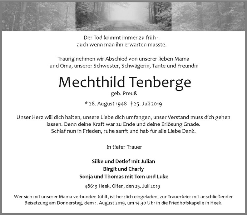  Traueranzeige für Mechthild Tenberge vom 27.07.2019 aus Westfälische Nachrichten