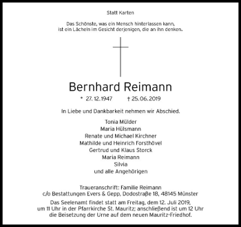 Anzeige von Bernhard Reimann von Westfälische Nachrichten