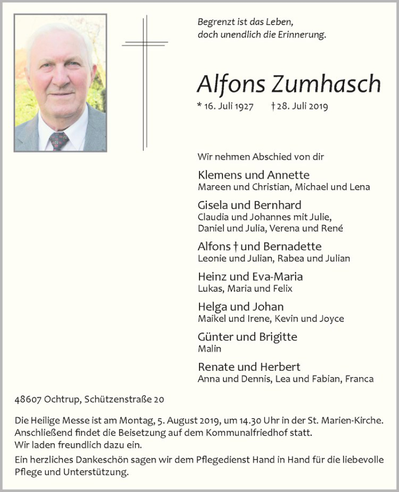  Traueranzeige für Alfons Zumhasch vom 30.07.2019 aus Westfälische Nachrichten