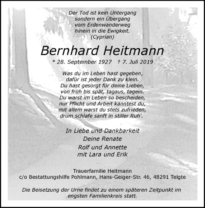  Traueranzeige für Bernhard Heitmann vom 16.07.2019 aus Westfälische Nachrichten