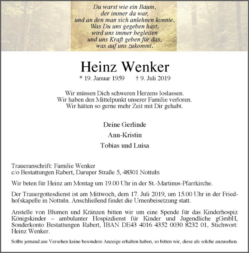  Traueranzeige für Heinz Wenker vom 13.07.2019 aus Westfälische Nachrichten