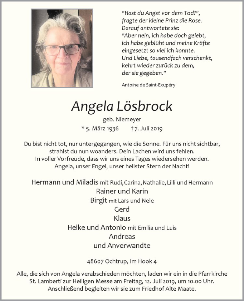  Traueranzeige für Angela Lösbrock vom 10.07.2019 aus Westfälische Nachrichten