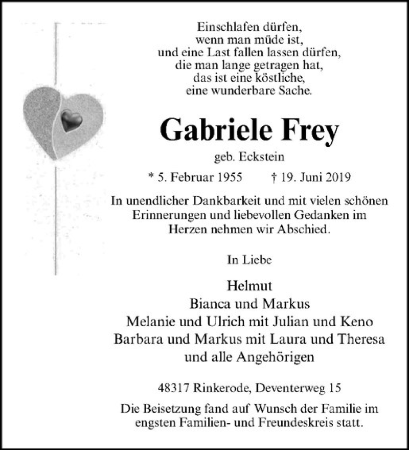  Traueranzeige für Gabriele Frey vom 06.07.2019 aus Westfälische Nachrichten