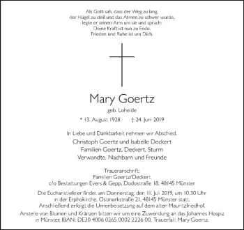 Anzeige von Mary Goertz von Westfälische Nachrichten