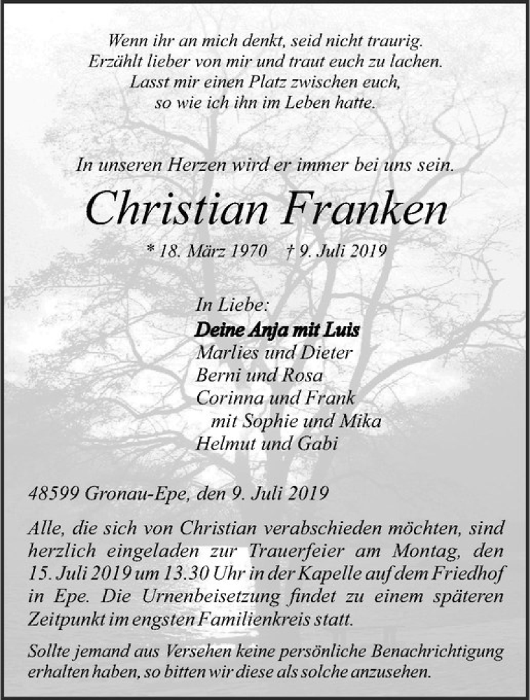  Traueranzeige für Christian Franken vom 11.07.2019 aus Westfälische Nachrichten