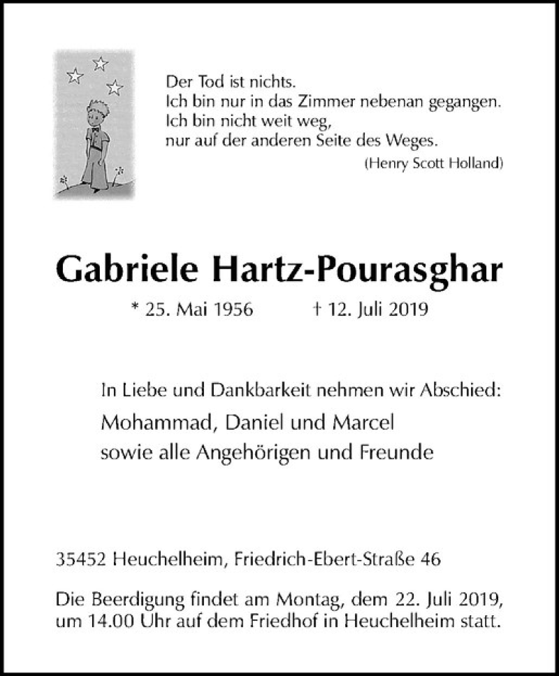  Traueranzeige für Gabriele Hartz-Pourasghar vom 20.07.2019 aus Westfälische Nachrichten
