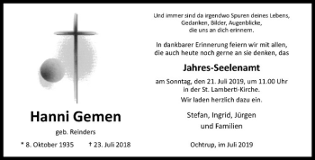 Anzeige von Hanni Gemen von Westfälische Nachrichten