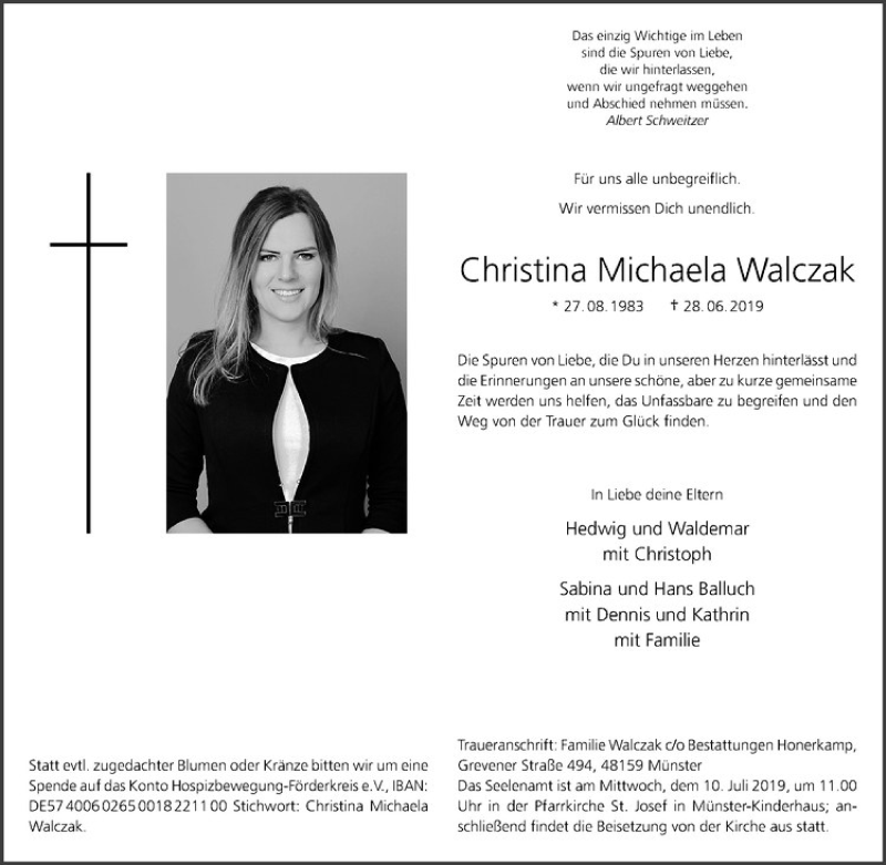  Traueranzeige für Christina Michaela Walczak vom 06.07.2019 aus Westfälische Nachrichten