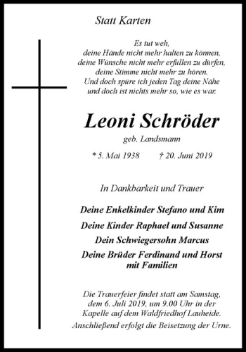 Anzeige von Leoni Schröder von Westfälische Nachrichten