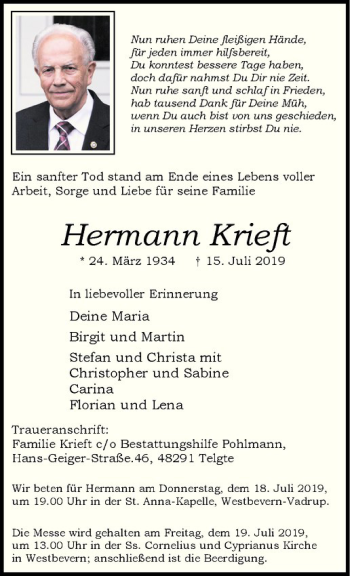 Anzeige von Hermann Krieft von Westfälische Nachrichten