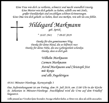 Anzeige von Hildegard Markmann von Westfälische Nachrichten