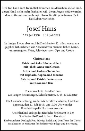 Anzeige von Josef Hans von Westfälische Nachrichten