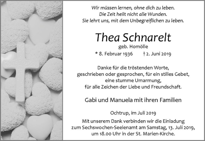  Traueranzeige für Thea Schnarelt vom 10.07.2019 aus Westfälische Nachrichten