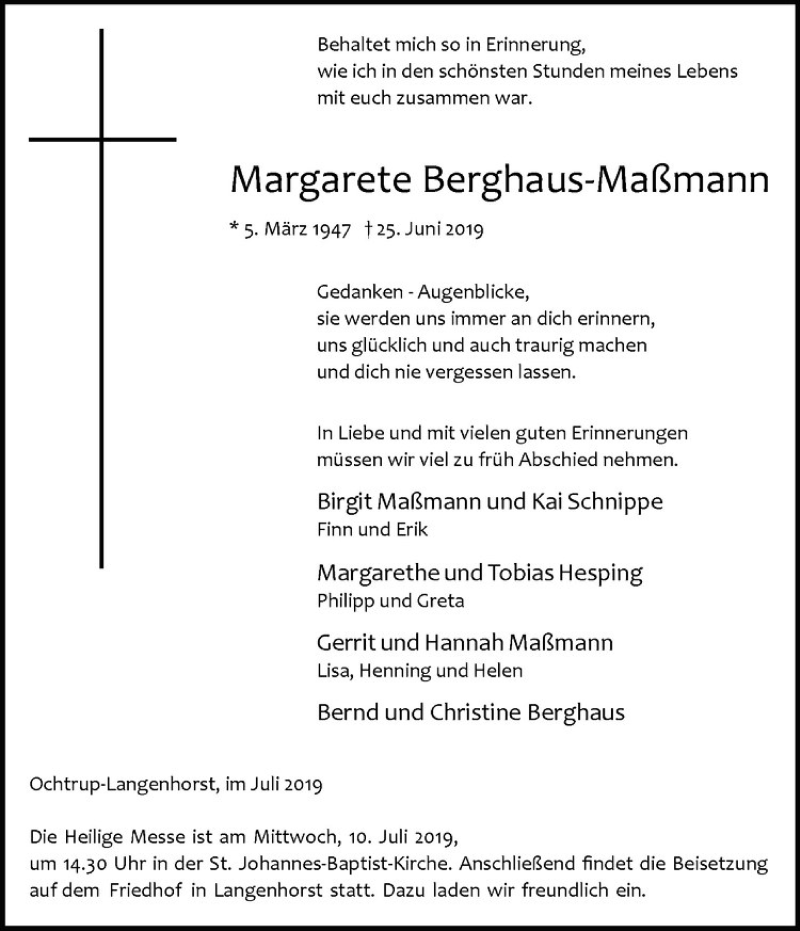  Traueranzeige für Margarete Berghaus-Maßmann vom 08.07.2019 aus Westfälische Nachrichten