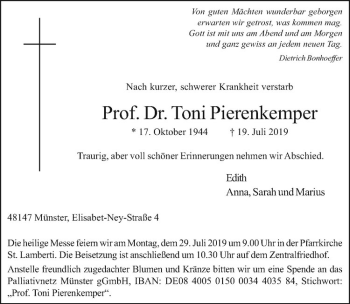 Anzeige von Toni Pierenkemper von Westfälische Nachrichten