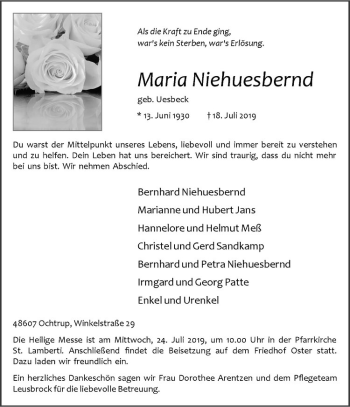 Anzeige von Maria Niehuesbernd von Westfälische Nachrichten