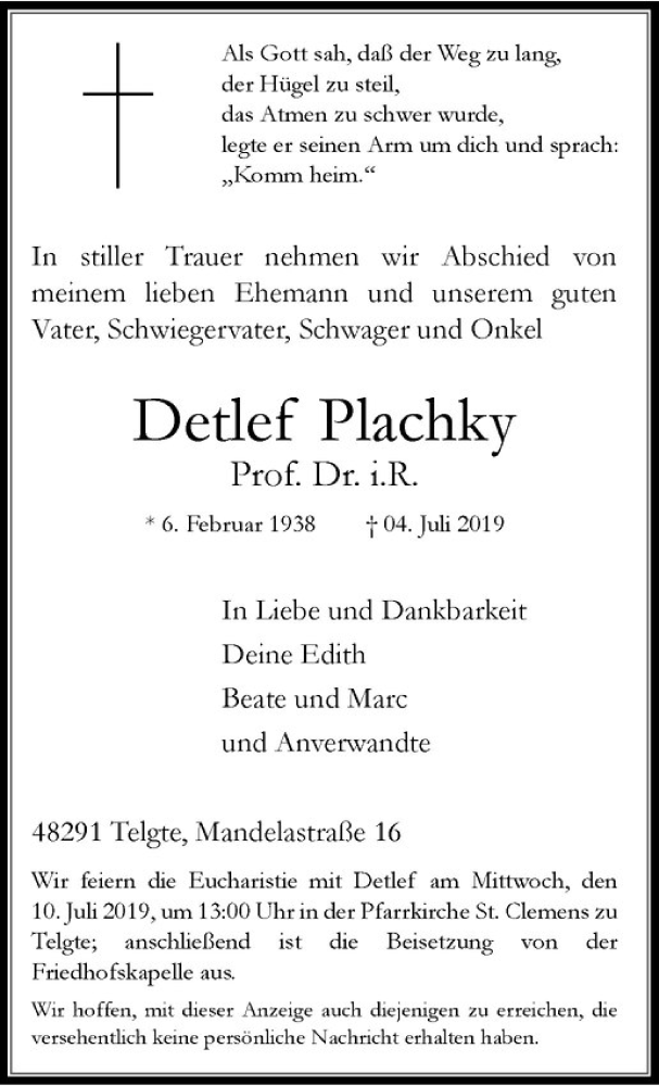  Traueranzeige für Detlef Plachky vom 08.07.2019 aus Westfälische Nachrichten