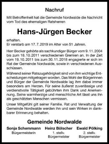 Anzeige von Hansi Becker von Westfälische Nachrichten