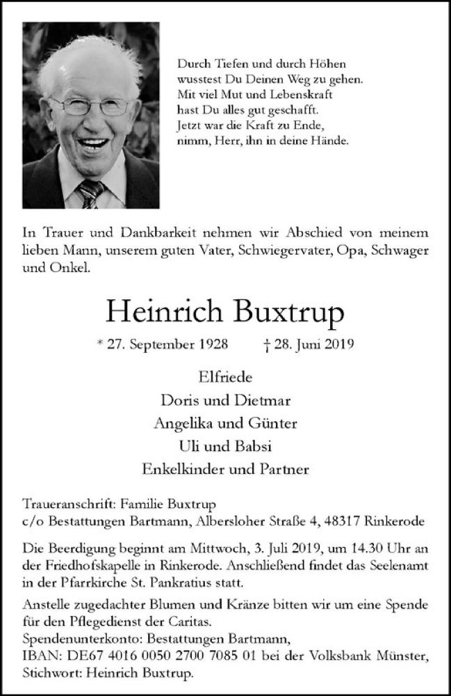  Traueranzeige für Heinrich Buxtrup vom 02.07.2019 aus Westfälische Nachrichten