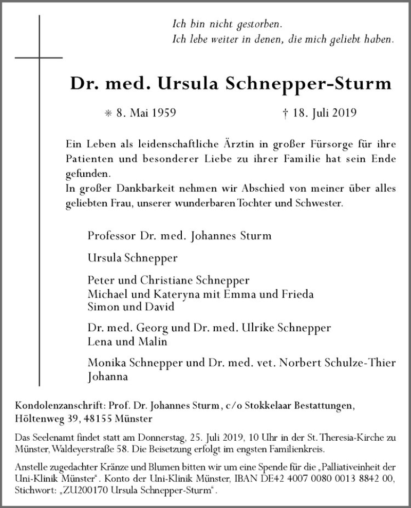  Traueranzeige für Ursula Schnepper-Sturm vom 23.07.2019 aus Westfälische Nachrichten