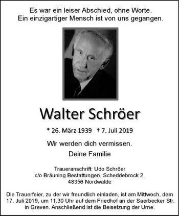 Anzeige von Walter Schröer von Westfälische Nachrichten
