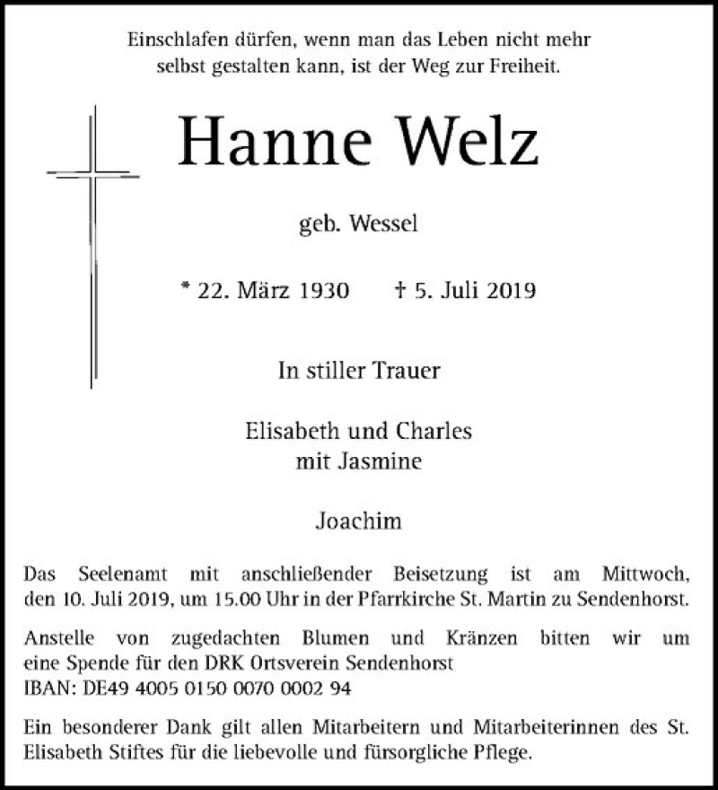  Traueranzeige für Hanne Welz vom 08.07.2019 aus Westfälische Nachrichten