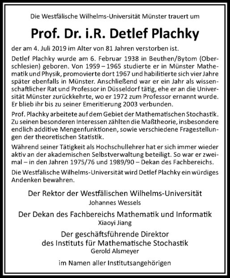 Traueranzeige für Detlef Plachky vom 13.07.2019 aus Westfälische Nachrichten