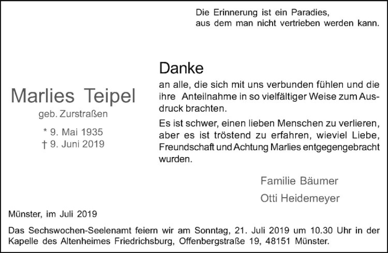  Traueranzeige für Marlies Teipel vom 17.07.2019 aus Westfälische Nachrichten
