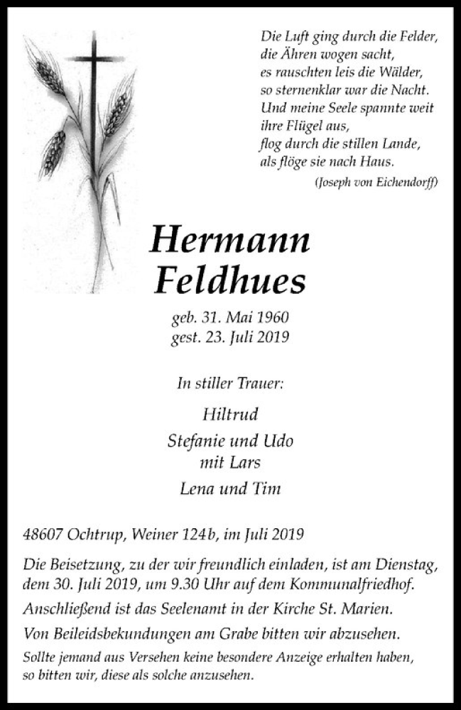 Traueranzeige für Hermann Feldhues vom 26.07.2019 aus Westfälische Nachrichten