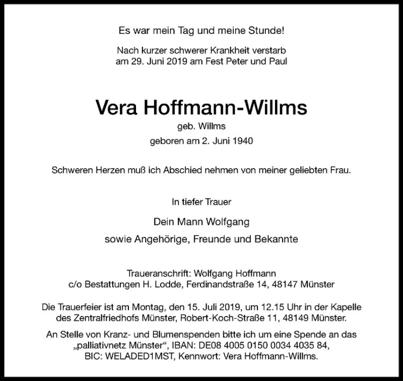  Traueranzeige für Vera Hoffmann-Willms vom 05.07.2019 aus Westfälische Nachrichten