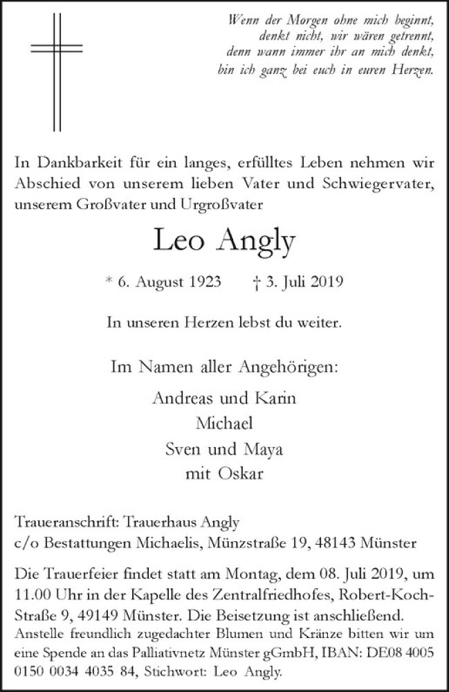  Traueranzeige für Leo Angly vom 06.07.2019 aus Westfälische Nachrichten