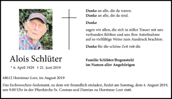 Anzeige von Alois Schlüter von Westfälische Nachrichten