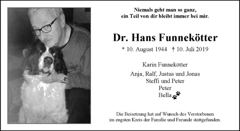  Traueranzeige für Hans Funnekötter vom 20.07.2019 aus Westfälische Nachrichten