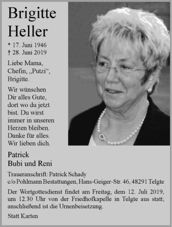 Anzeige von Brigitte Heller von Westfälische Nachrichten