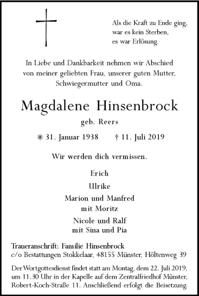  Traueranzeige für Magdalene Hinsenbrock vom 17.07.2019 aus Westfälische Nachrichten