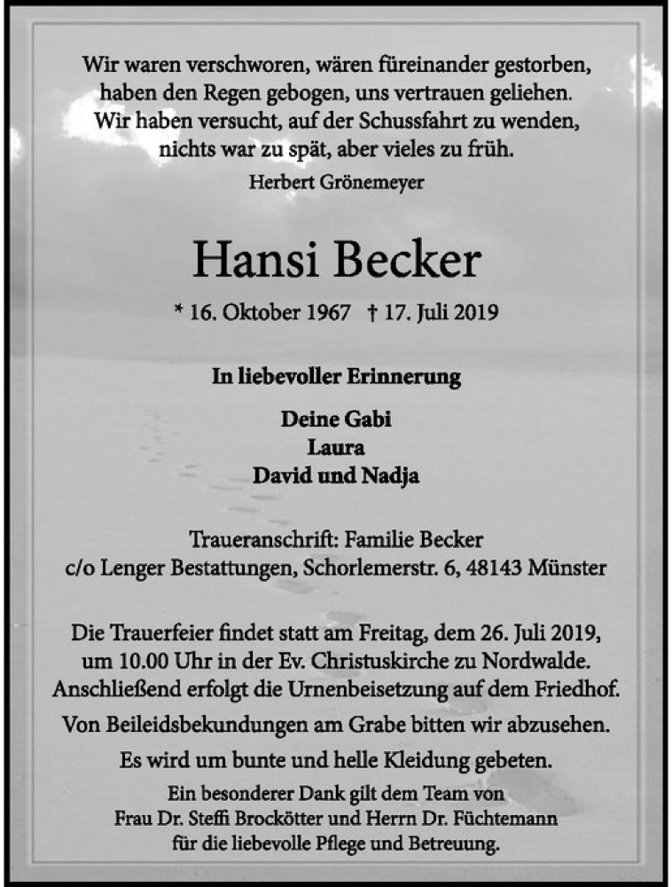  Traueranzeige für Hansi Becker vom 20.07.2019 aus Westfälische Nachrichten